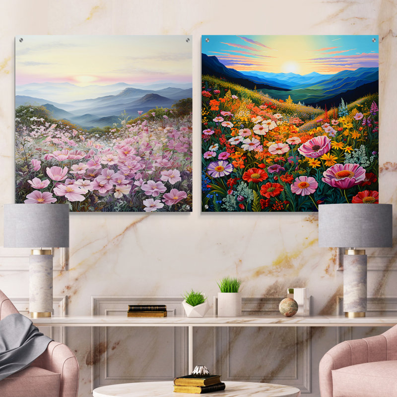 Pink Roses Field In Mountain III - Roses Acrylic Wall Art Glass Set Of 2, 30" H x 61" W