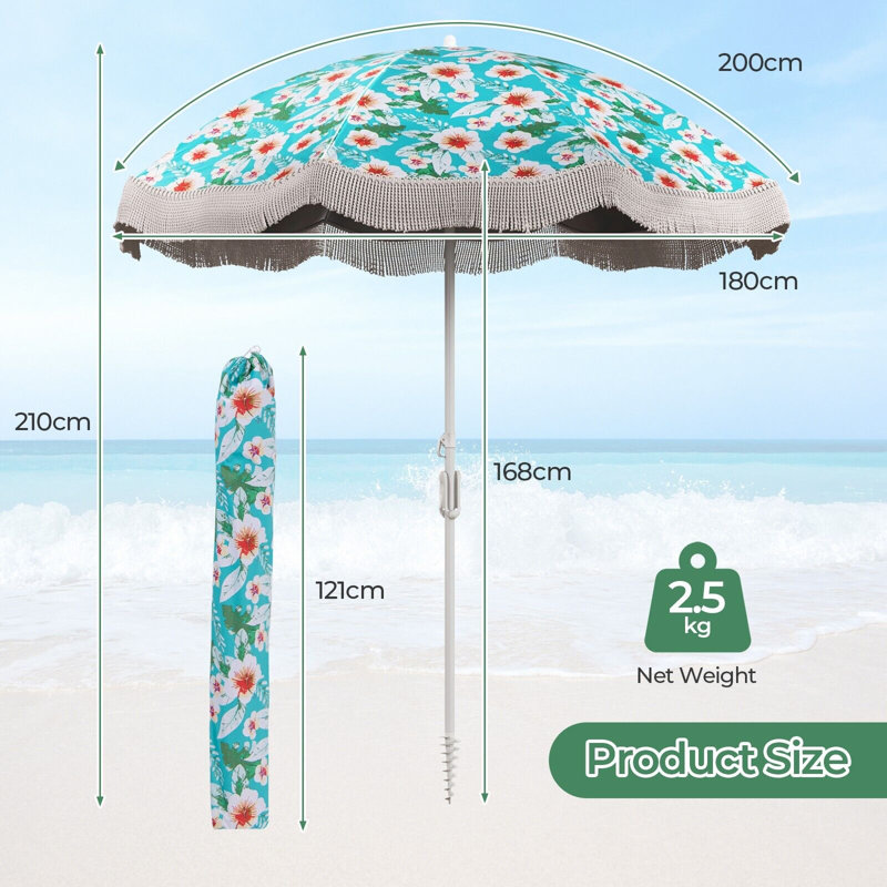 Charvik 70.86cm Tilt Beach Parasol, Green Floral