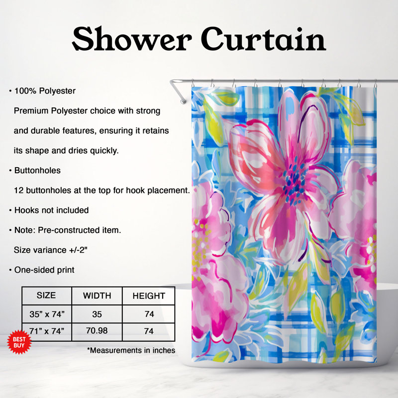 Plaid Floral Blossoms - Rideau de douche standard 1 pièce, H 74 po x l 71 po