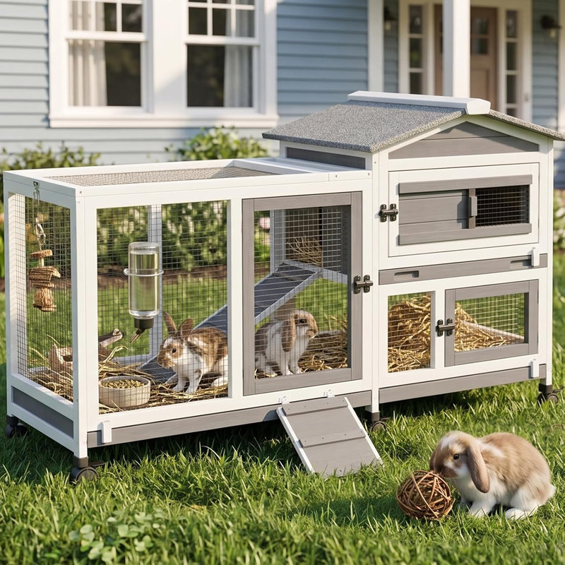 2 Story Rabbit Hutch Outdoor Indoor, Wooden Bunny Cage with Lockable Wheels, Removable Trays, and Waterproof Roof