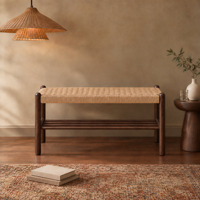 31.5"W Solid Beech Assembled  Woven Shoe Bench with Shoe Rack