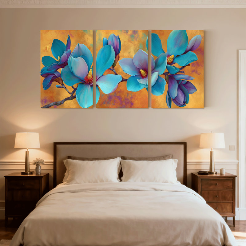 Plantes et fleurs, fleurs de magnolia bleu sur fond doré, ensemble de 3 impressions sur toile, H 24 po x l 48 po