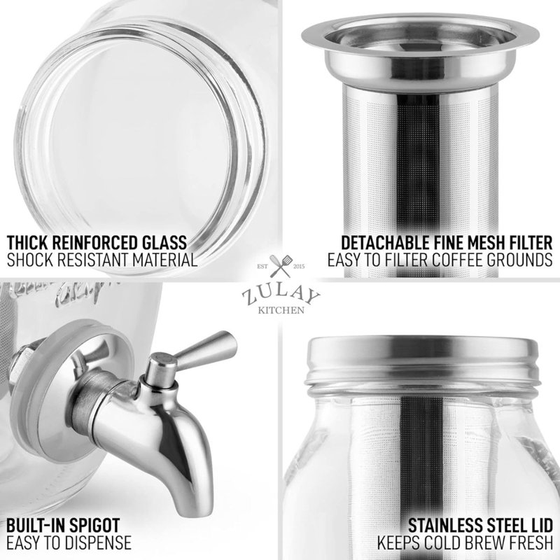 Zulay 1.5L Cold Brew Coffee Maker - Thick Glass Carafe & Stainless Steel Filter for Coffee & Tea, Silver