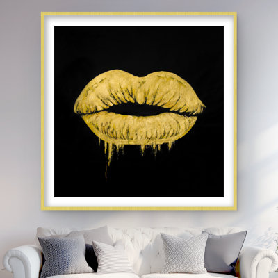 Golden Lips - Woman Gold Framed Matted Print for Home Decor