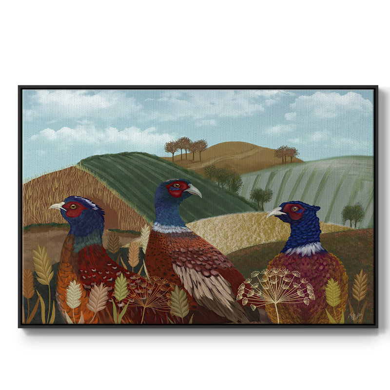 «Pheasant Trio in Field», reproduction sur toile flottante, H 17 po x l 25 po x P 2 po, Toile avec cadre flottant noir