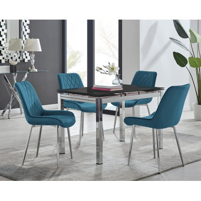 Tierra Modern Glass & Metal Extendable Dining Table Set & 4 Luxury Upholstered Velvet Dining Chairs