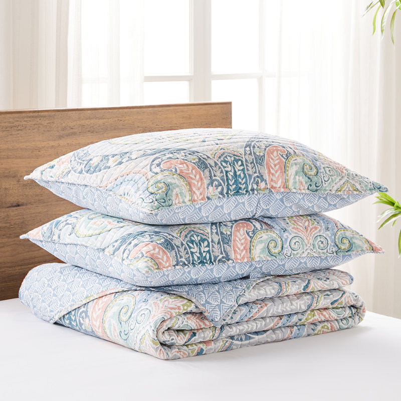 King Size Pastel Blush and Teal Cotton Quilt Set