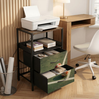 Nightstand with Charging Station, 2 Drawer Bedside Table with USB Ports and Outlets, Open Shelf, Black Night Stand for Bedroom Living Room Worn Red White Soccer Ball Green Concrete Court Print