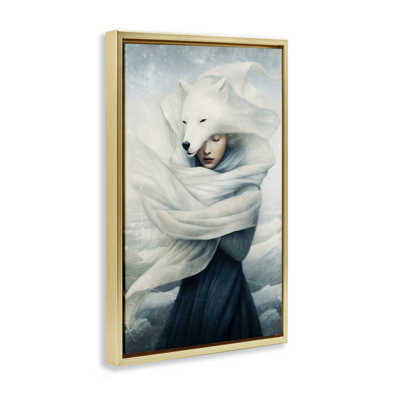 «Wolf Swathed Woman», toile flottante encadrée par Paula Belle Flores, Cadre flottant métallique doré, H 25 po x l 17 po