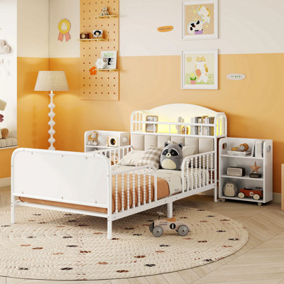Structure de lit plateforme simple en métal avec tête de lit légère et rembourrée, tablettes de rangement escamotables pour enfants, blanc
