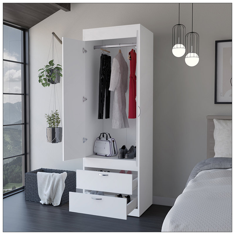 Armoire Tarento, deux tiroirs, finition blanche, Blanc