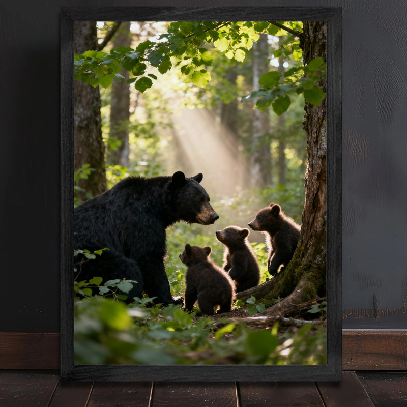 Reproduction d'art encadrée noire rétro, "La famille de l'ours noir" jouant dans la forêt, H 11 po x l 9 po