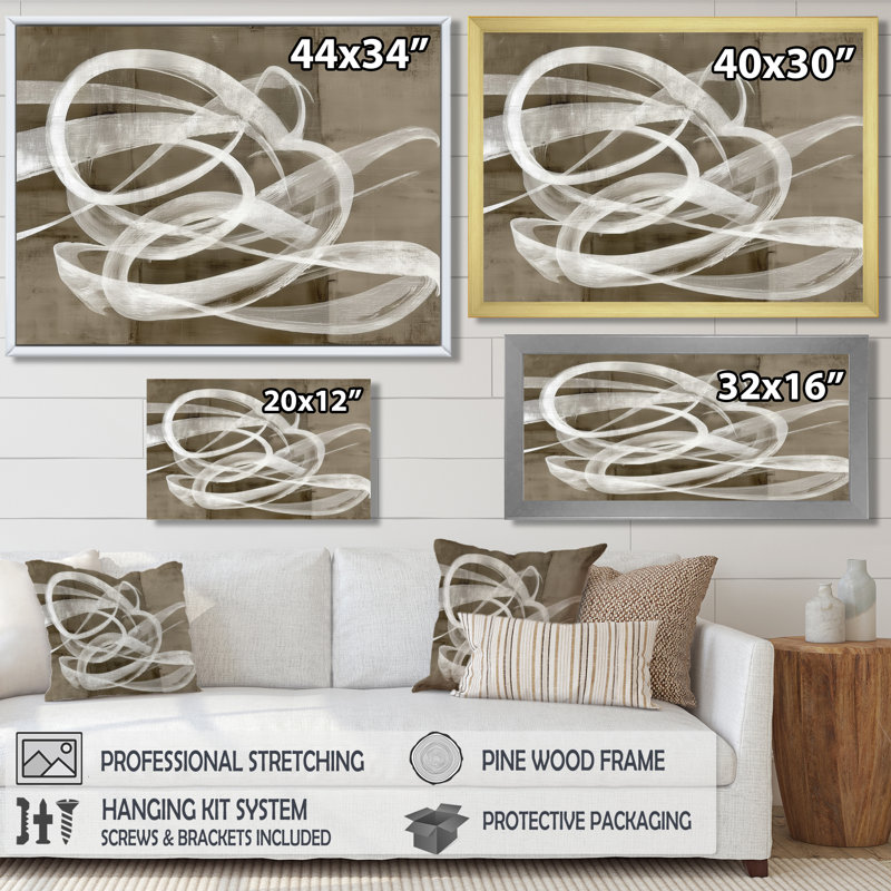 «White Grey Abstract Modern Brush Swirl», formes abstraites encadrées, art mural moderne sur toile blanche, H 24 po x l 32 po