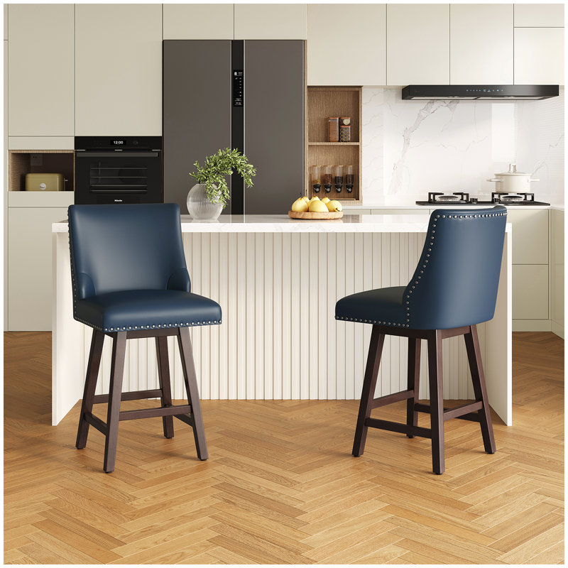 26" Swivel Counter Bar Stools Set of 2, Counter barstools with Wood Frames, Dark Blue Faux Leather, 2, Blue