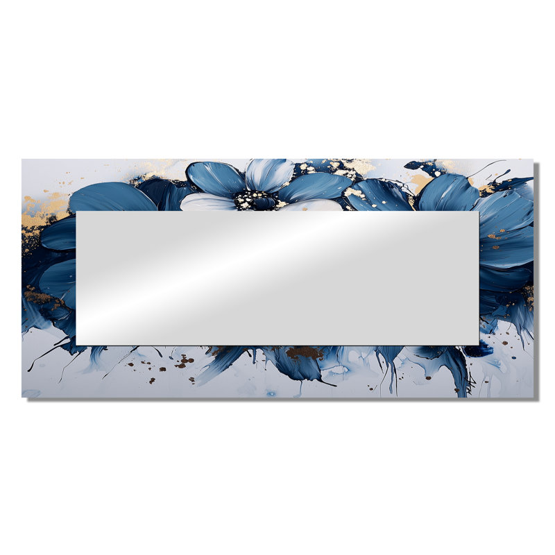 Abstract Aqua Midnight Sunflowers Beauty II - Floral Wall Mirror Art - Printed On Metal, 28" x 60"