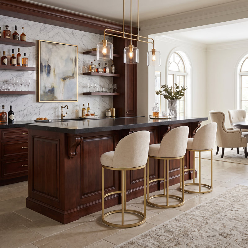 Tabouret de bar sculptural pivotant avec base en métal doré et assise en chenille rembourrée, Beige