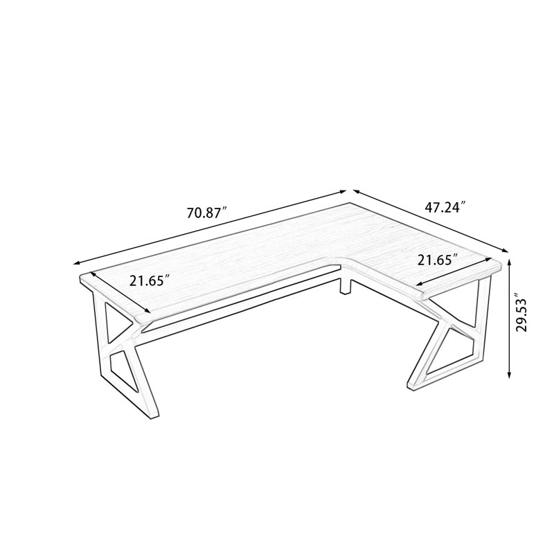Noyer clair + bureau en bois massif en forme de L noir + fer, Retour à droite, H 29,53 po x l 70,87 po x P 47,24 po