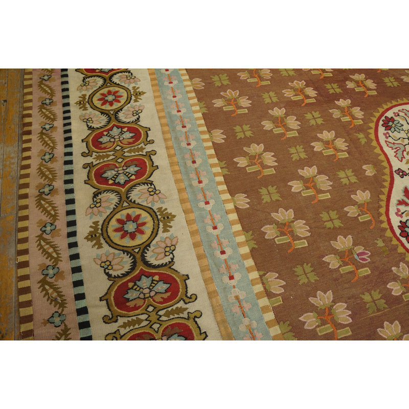 Antique Large Aubusson French Floral, Medallion Flat Weave Rug