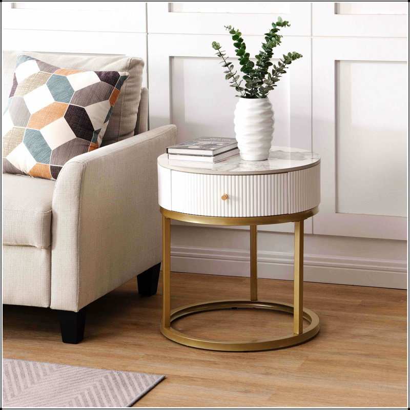 Table de chevet 19,68 pouces avec tiroir, table de bout ronde en marbre avec rangement, table d'appoint