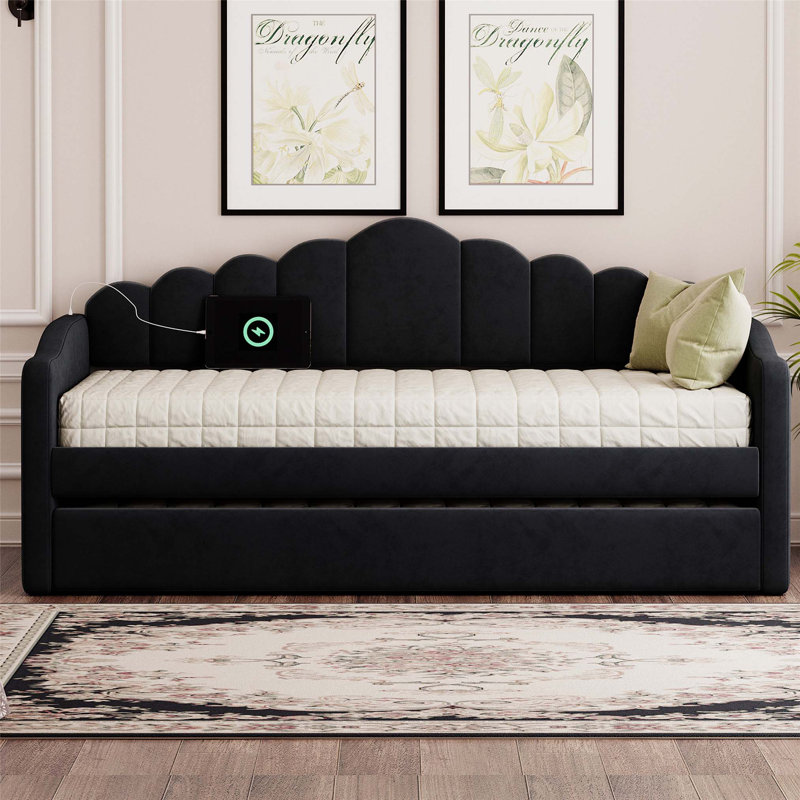 Lit de jour rembourré en velours avec couchette, chargement USB et poches de rangement Avienne, Noir