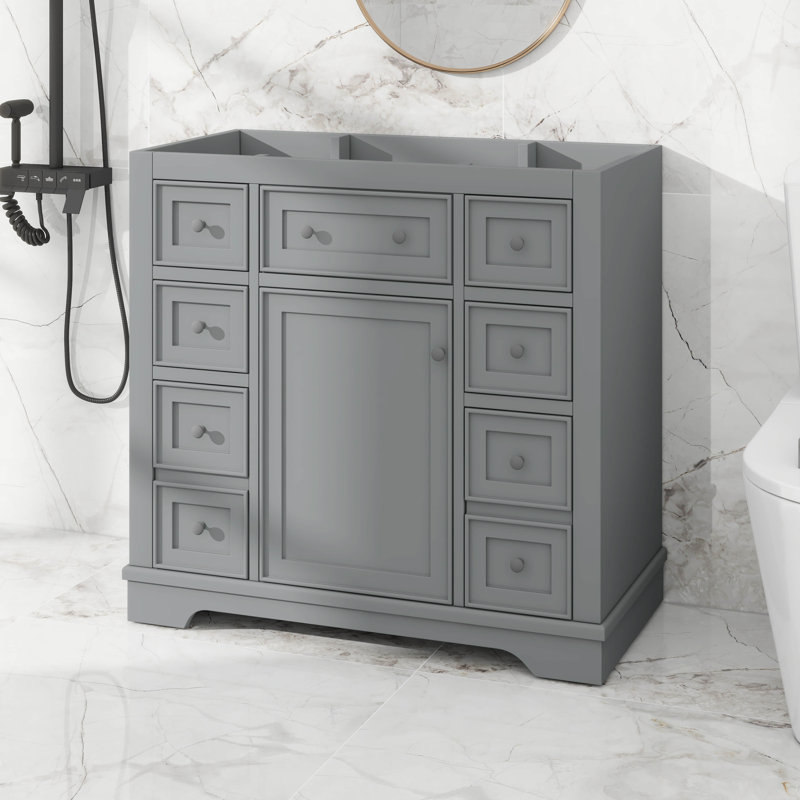 36" Bathroom Vanity Cabinet Base Only, 1 Cabinet And 6 Drawers, Gray