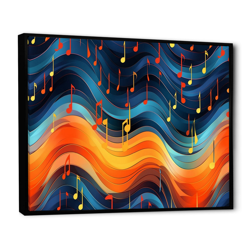 Vagues de notes de musique en orange et bleu rétro - impression, H 24 po x l 32 po, Cadre flottant noir