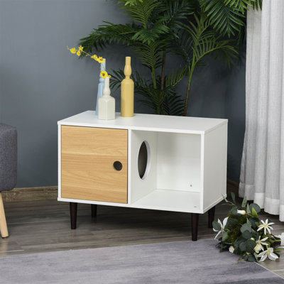 Maison en bois pour chat avec coussin moelleux, table d'appoint décorative pour chaton, maisonnette surélevée avec espace de rangement