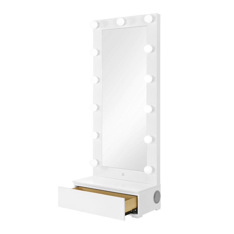 ELISA WHITE NARROW TALL MIRROR WITH SPEAKER AND DRAWER, White