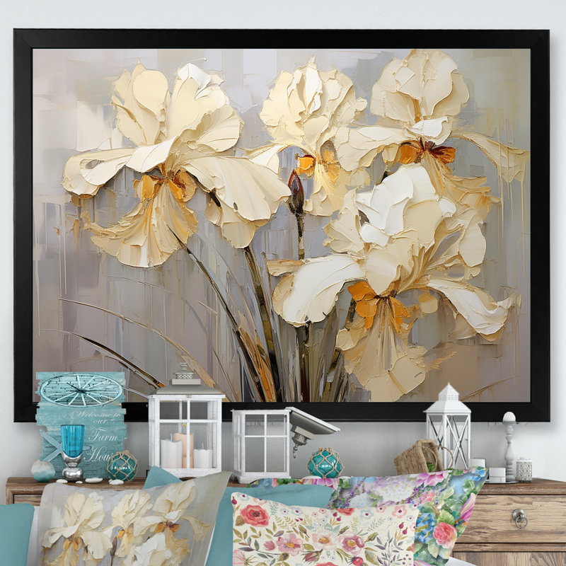 Golden Serenade of Irises sur toile, Cadre simple noir, H 24 po x l 32 po x P 1 po