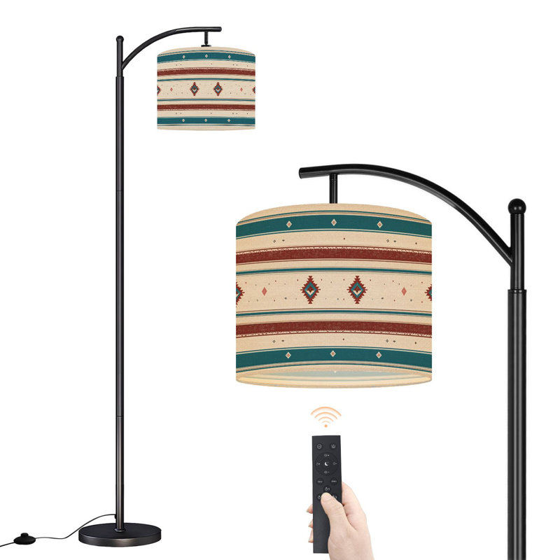 Lampe sur pied à arc avec abat-jour réglable à motif géométrique tribal aztèque bleu sarcelle à rayures beige sarcelle et à 3 ampoules à intensité variable avec interrupteur au pied pour la chambre à coucher