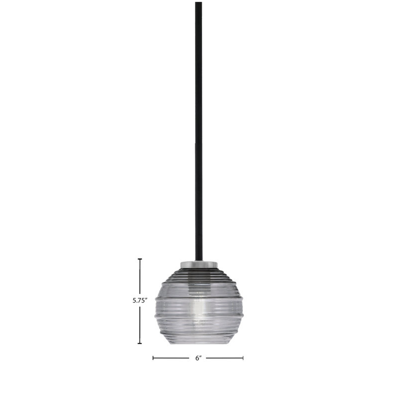 Mini-luminaire suspendu 1 lumière Amarmula, finition noir mat et graphite, verre strié fumée 6 po, Transparent/noir