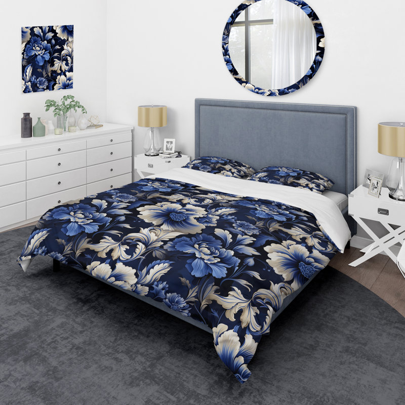 Ensemble de housse de couette bleu victorien néo-gothique, Housse de couette pour grand lit et 2 taies décor