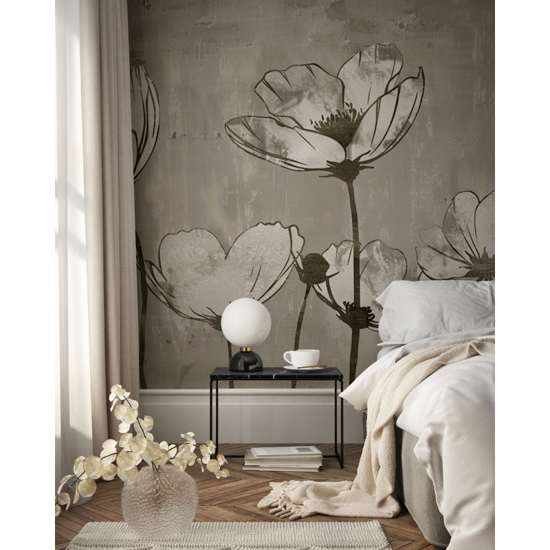 Papier peint industriel gris avec motif floral industriel et espaces urbains chics, L 160 po x L 108 po
