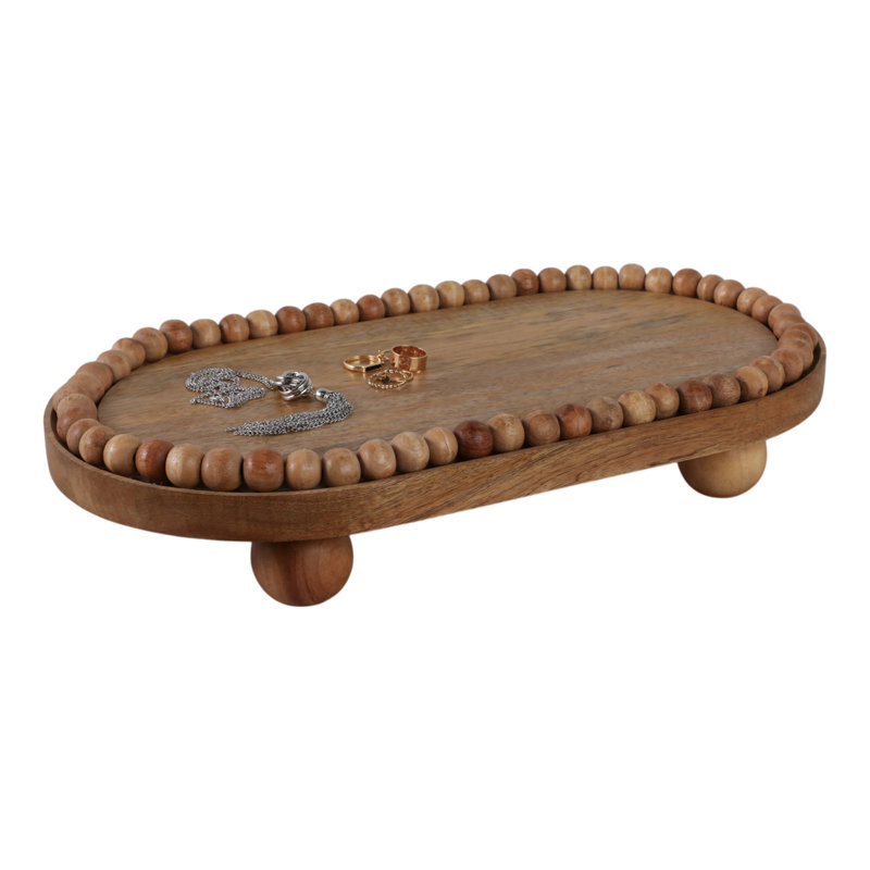 Mango Wood Decorative Tray with Beaded Border and Footed Base - Oval Casual Display Tray with Raised Wooden Feet for Elevated Styling and Functional Accent Serving or Organization Use