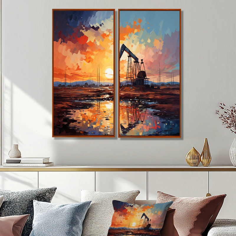 «Orange Oil Rigs Pumpjack In Texas II», art mural sur toile, 40" H x 40" W, Brown, Impression encadrée flottante