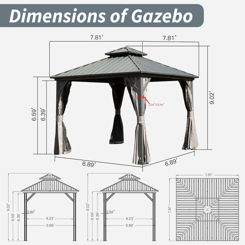 Pavillon de jardin 8 pi x 8 pi avec design classique et moderne, pour patio, cour arrière, terrasse, auvent en acier galvanisé gris, au vent