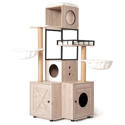 Tour pour chat de 63 po avec bac à litière intégré, deux condos, coussin en mousse à mémoire de forme, poteaux à griffer, support interactif, coussin lavable pour arbre à palette de couleur blanche et grise, 7 cm d'épaisseur, rangement dissimulé ouvert,