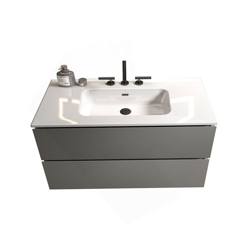 Meuble-lavabo mural avec lavabo en céramique avec trois trous de robinet, grand meuble-lavabo flottant de rangement pour salle de bain moderne, pré-assemblé