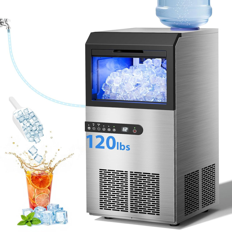 Ice Maker Machine Commercial 120Lbs/24H - Freestanding Ice Maker Under Counter Ice Machine Stainless Steel, 45 Ice Cubes/Cycle, 2 Ways Water Inlet, Large Storage Bin for Bar Home Office Restaurant