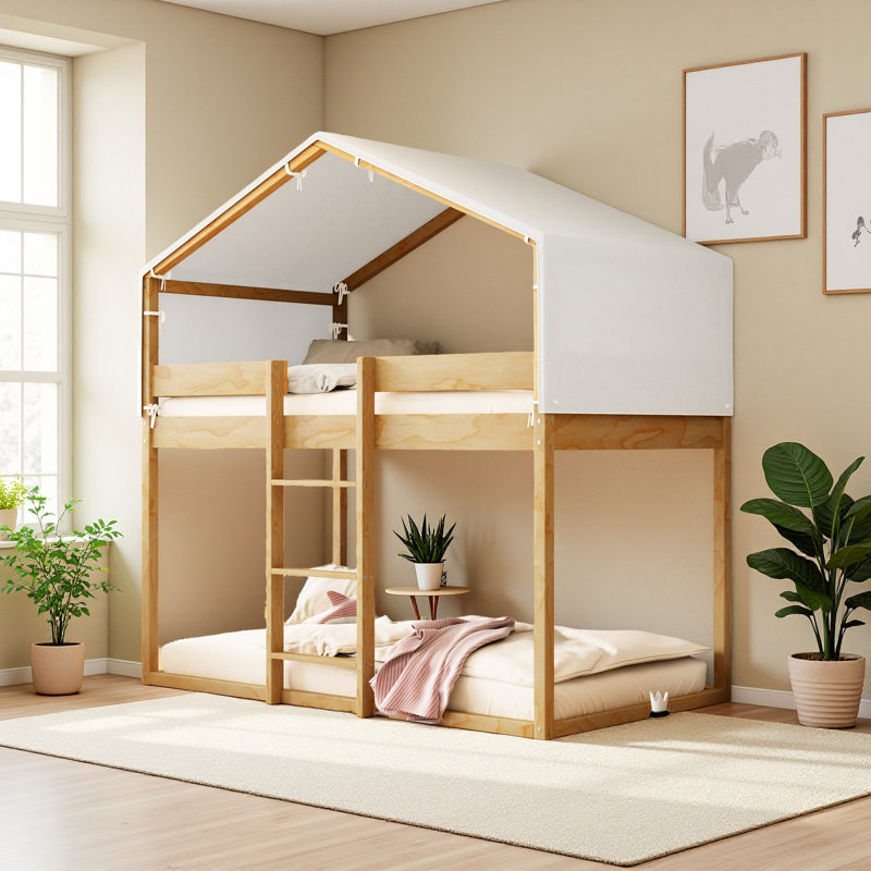 Lit simple superposé en bois avec tente, Naturel