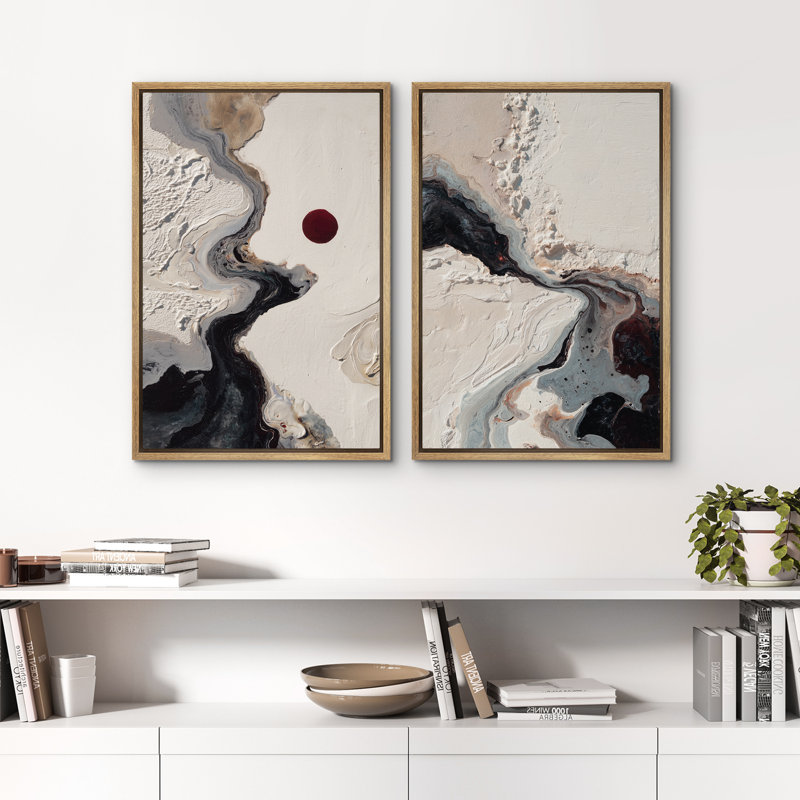 Abstrait rivière qui coule avec soleil rouge, reproduction d'art sur toile encadrée, 2 pièces, 24" H x 16" W x 1.5" D