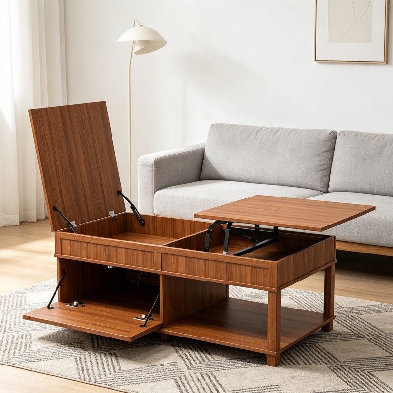 Table basse à plateau relevable brun avec compartiment caché, tablette ouverte et bureau réglable, table de salon multifonctionnelle