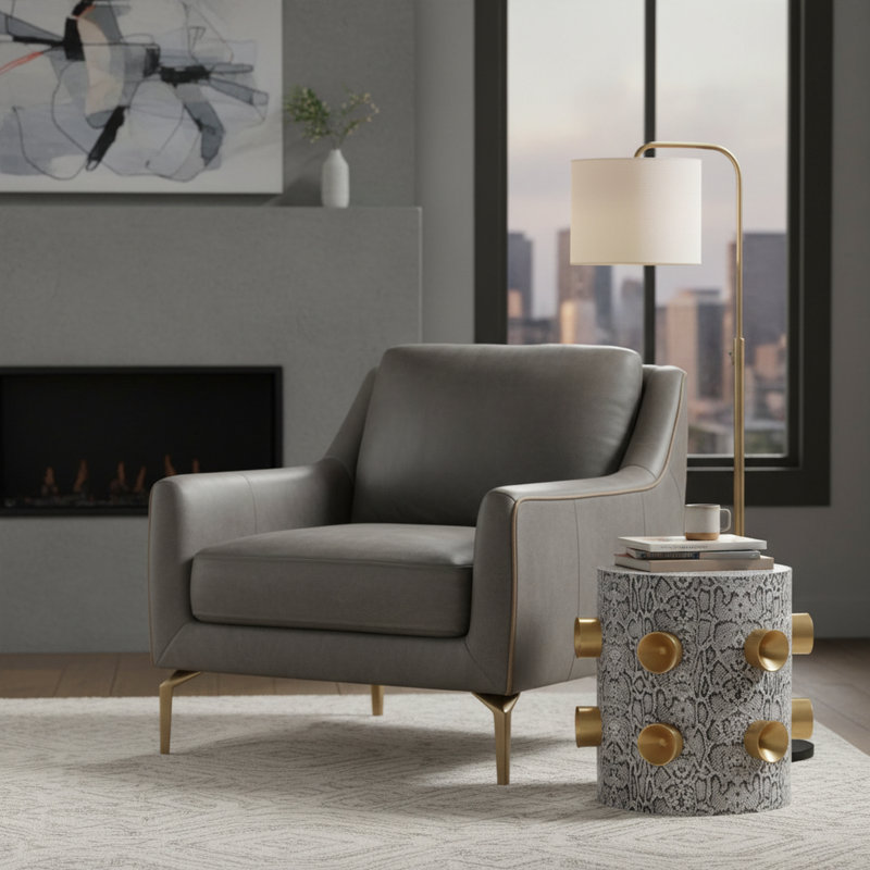 Table de bout en cuir Clover avec clous dorés, 14 x 14 x 17, Peau de serpent