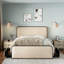 Grand lit beige moderne en métal avec revêtement incurvé, 4 tiroirs de rangement, support robuste avec tête de lit rembourrée