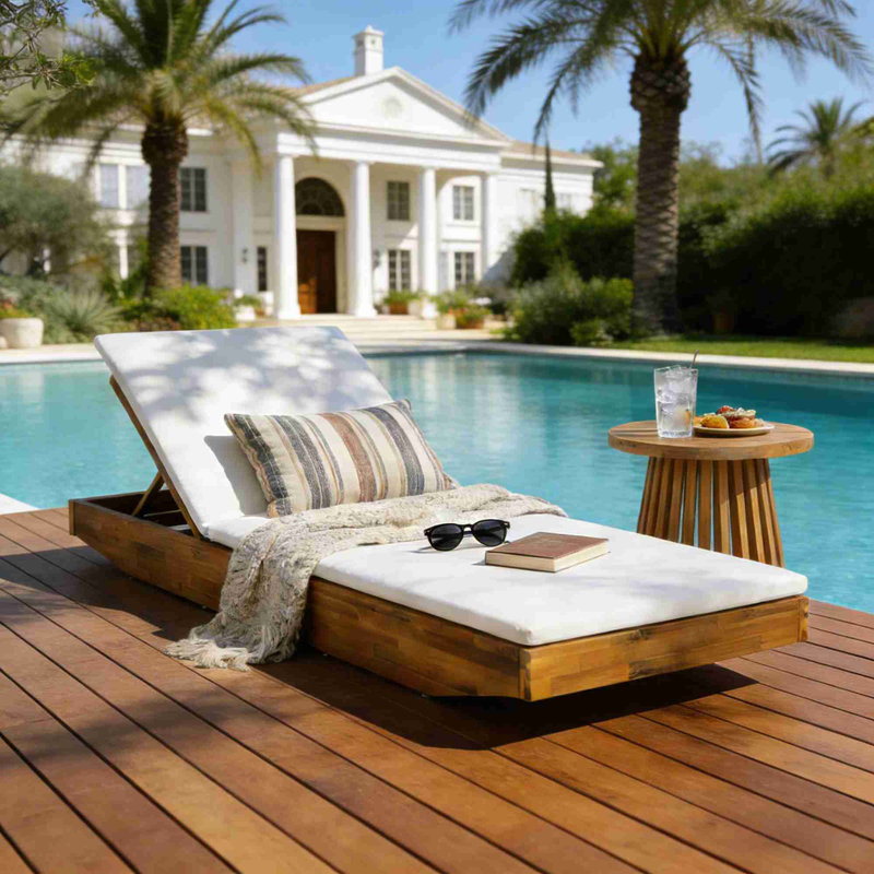 Chaise longue d'extérieur en bois d'acacia massif, Crème