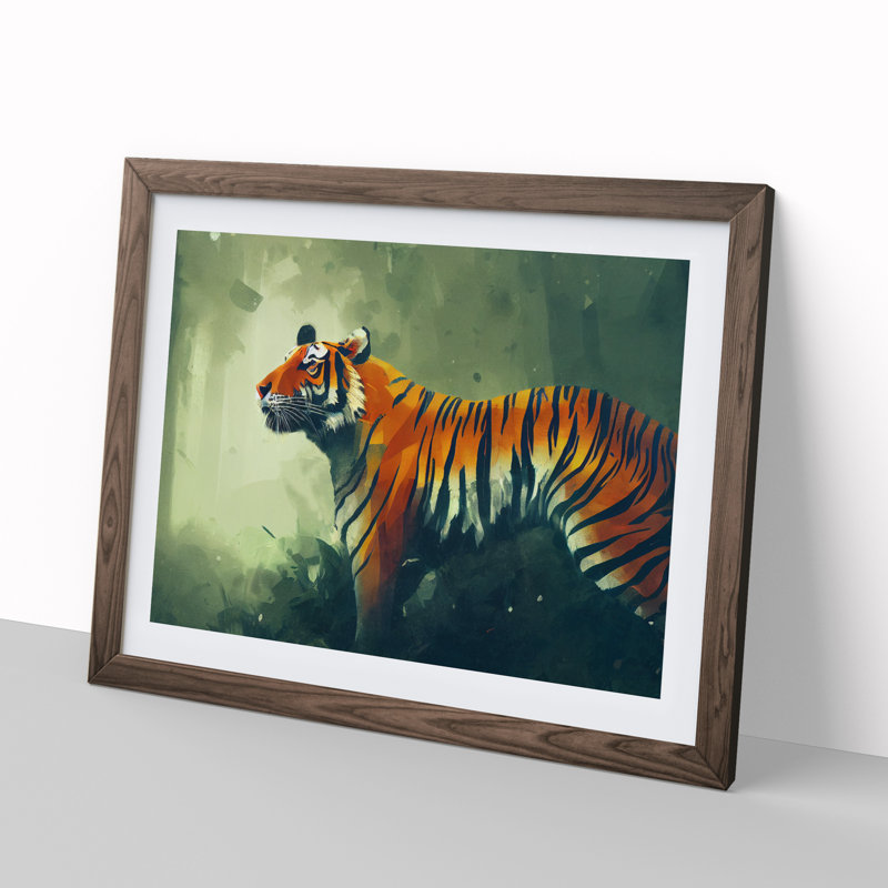 Tiger Art Painting Abstract - Single Picture Frame Print, 34cm H x 46cm W x 2cm D, Walnut Framed