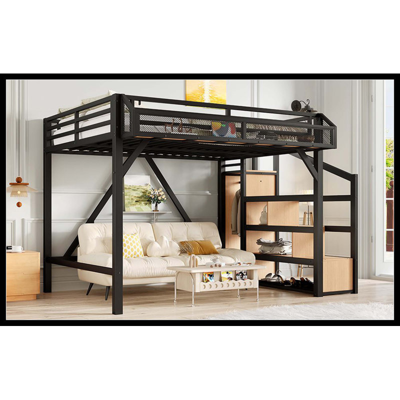 Full Loft Bed With Storage Stairs, Shelves And Built-In Wardrobe, Metal Loft Bed Frame With USB Ports And LED Lights, Noise-Reduced Design, Natural Wood