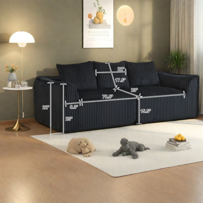 Compression Sofas Set Black Corduroy Modern 3 Plus 2 Seat for Home