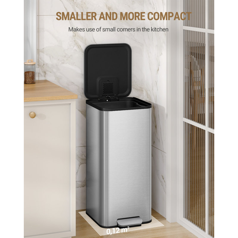 Kitchen Bin 40L, Kitchen Pedal bin with Soft-Close Lid, Removable Inner Buckets, Recycling Bins with 15 Trash Bags , Silver