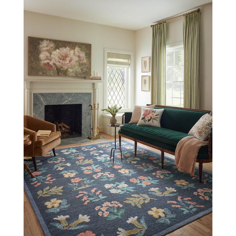 Navy Floral Synthetic Rectangular Accent Rug, 2'-0" x 5'-0"